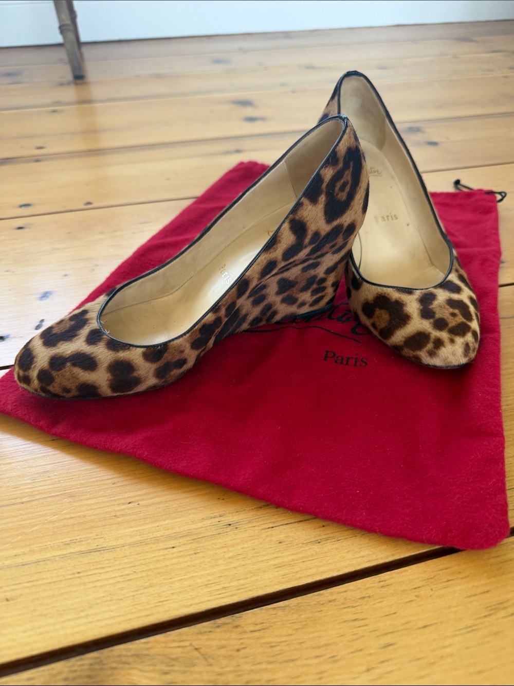 Christian Louboutin Leopard Print Women's Wedge Pumps - Brown